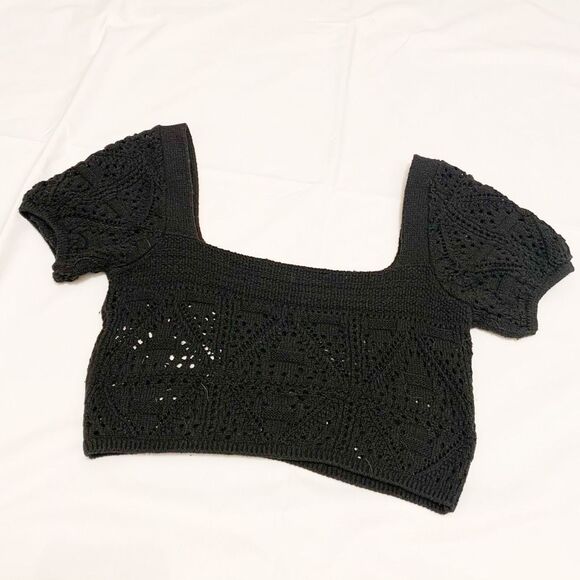 Zara Crochet Granny Square Neck puff sleeves cropped knit top boho y2k Sz M - Picture 2 of 8